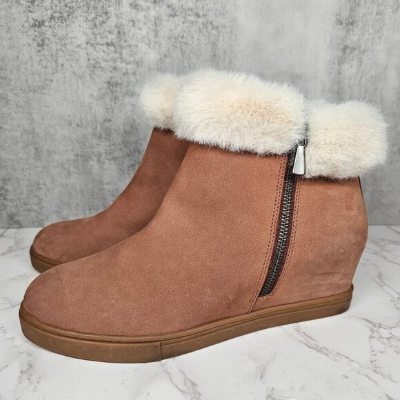 Linea Paolo Womens Faux Fur Trim Side Zipper Suede Wedge Ankle Booties Brown 9M - Picture 3 of 10